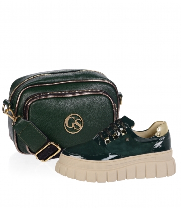 Discounted set of emerald green leather sneakers with gold heel - DTE2118 + handbag GRETA green