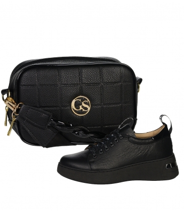 Discounted set of black leather sneakers with a decorative tab on the tongue HOGA DTE040 + handbag DANIELA