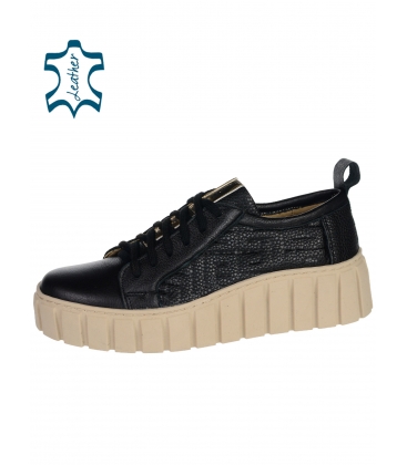 Black leather sneakers with a print on a beige sole Rosella 7125