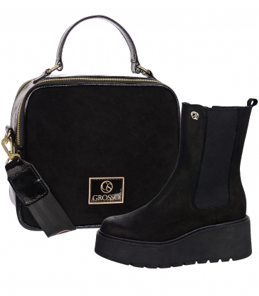 Discounted set of black leather ankle boots K1658 black nubuck + bag Nicol black