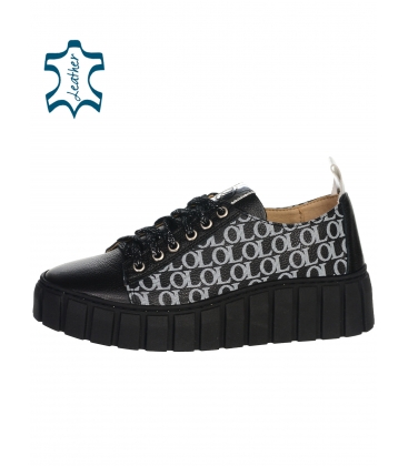 Black leather sneakers with OL monogram on the sides on a black sole ZUMA 7142