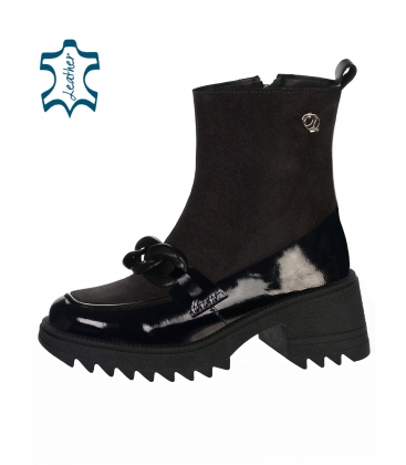 Black ankle combined boots made of leather with decoration 10198