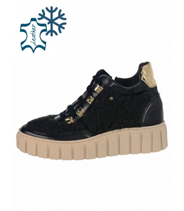 Black and gold higher sneakers with fur on a beige sole ROSELLA 3018