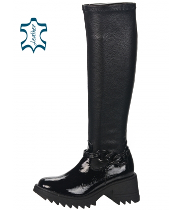 Black leather boots with decoration and elastic saree DKO2356