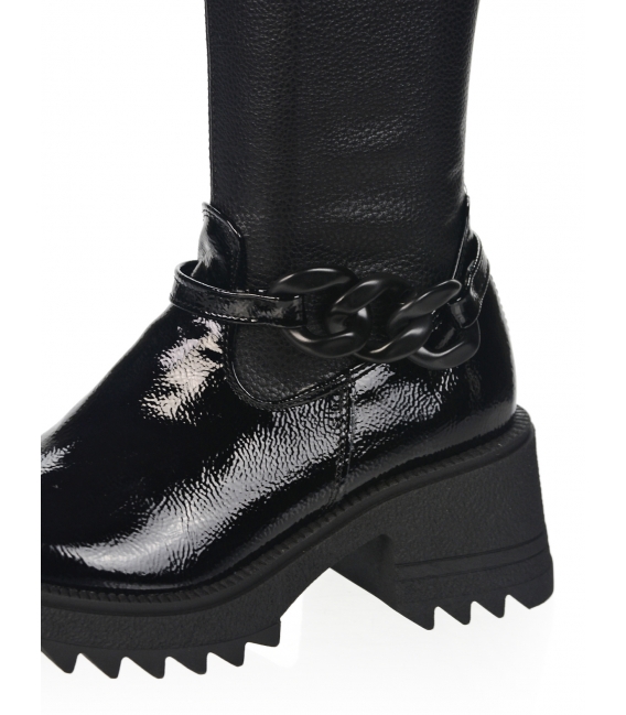 Black leather boots with decoration and elastic saree DKO2356