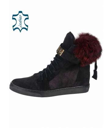 Burgundy ankle sneakers made of brushed leather with fur K982