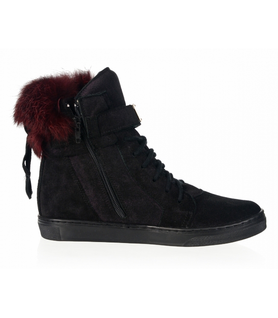Burgundy ankle sneakers made of brushed leather with fur K982