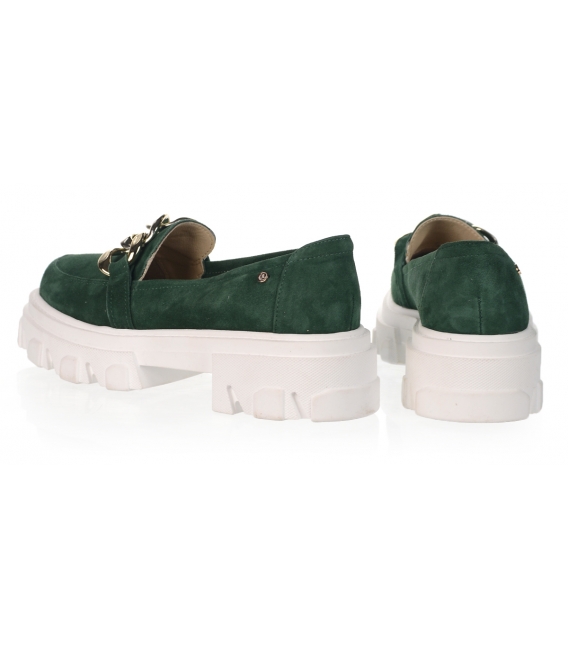 Green extravagant shoes made of brushed leather with gold chain DBA2308