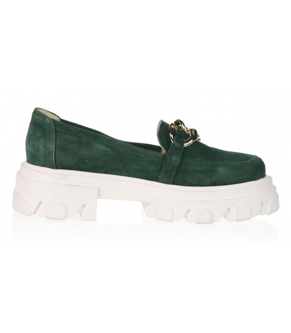 Green extravagant shoes made of brushed leather with gold chain DBA2308