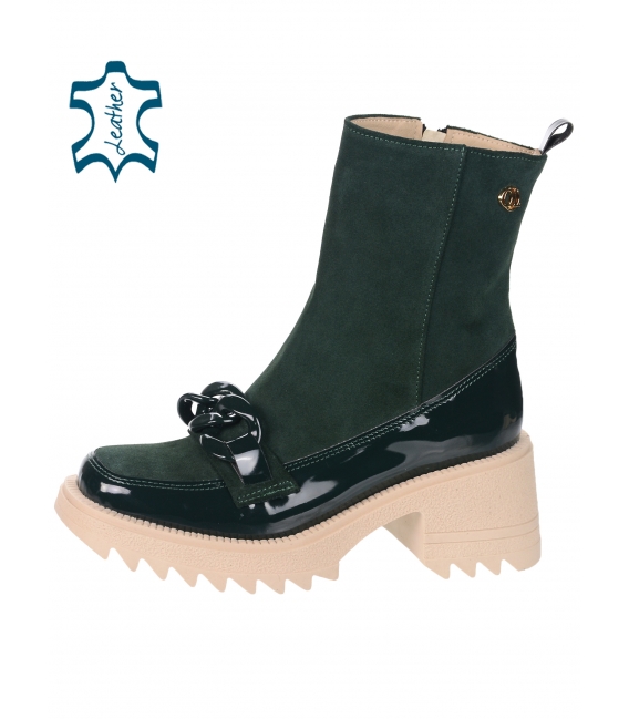 Green leather ankle boots with decoration 10198