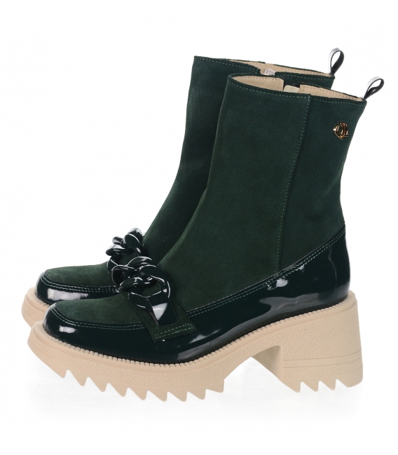 Green leather ankle boots with decoration 10198