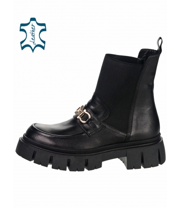 Black leather ankle boots with gold decoration 5009