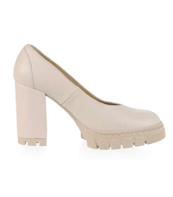 Cut out beige leather pumps with a thick heel DLO2222