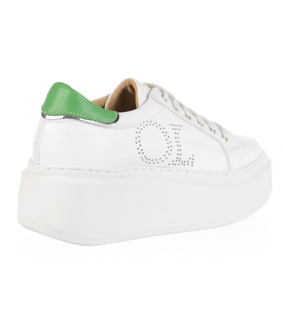 White sneakers with OL logo and green element on the heel 7503
