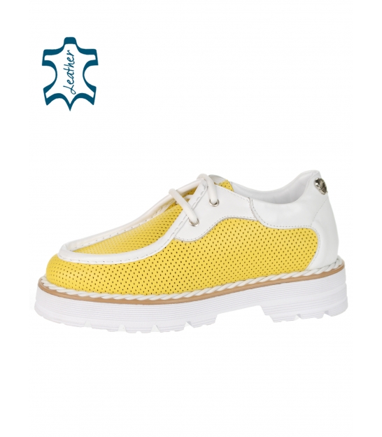 White-yellow perforated ankle boots 006-1716