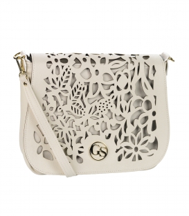 Beige crossbody handbag with lasered patterns on the EMMA flap