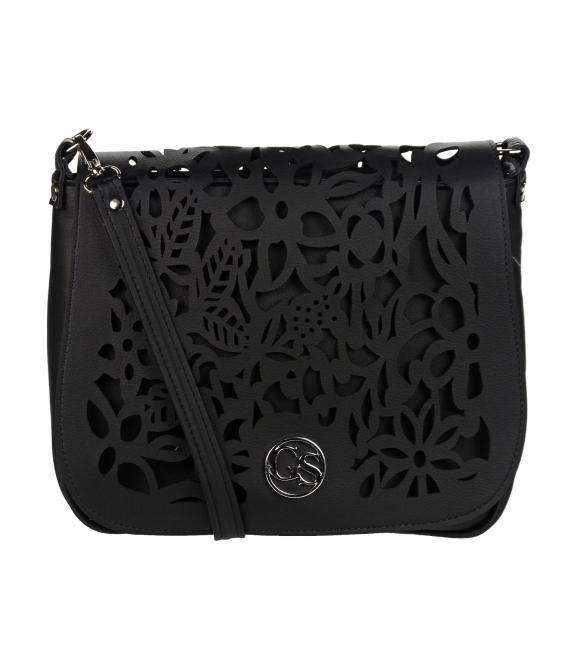 Black crossbody handbag with lasered patterns on the EMMA flap
