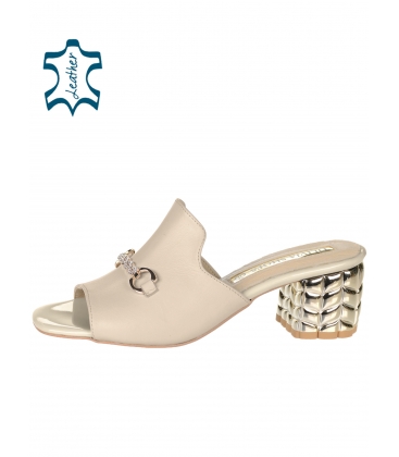 Beige flip flops with decoration and stylish golden heel DSL2402