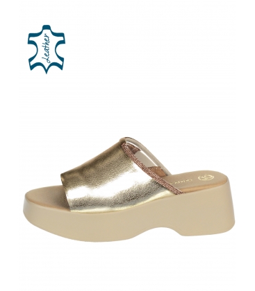Comfortable golden flip-flops with a decorative stone band 7701 beige