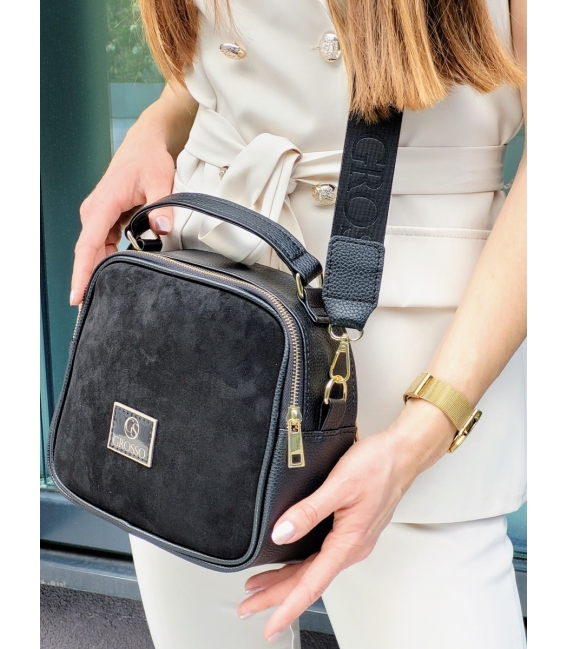Black square crossbody bag with gold NICOL applications