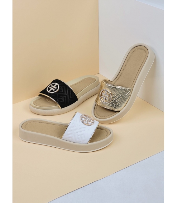 Black and gold stylish flip-flops with round decoration 7601
