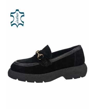 Black moccasins made of brushed leather with decoration 101-2284