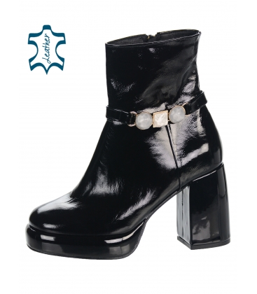 Black lacquered heeled ankle boots with stone decoration DKO2413