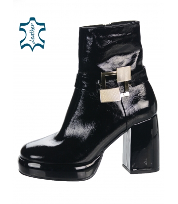 Black patent heeled ankle boots with gold square decoration DKO2414