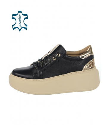 Black comfortable sneakers with a glittering heel on a beige sole ML 7507