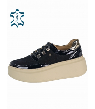 Black lacquered-sanded leather sneakers on a beige sole - DTE2118 ML