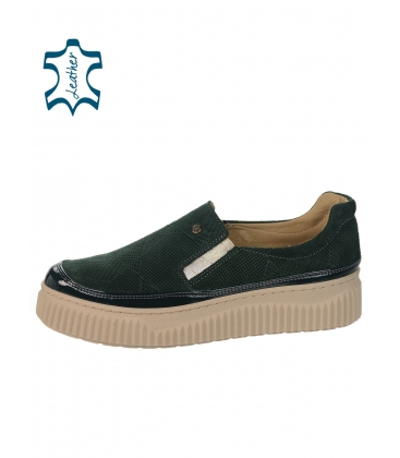 Dark green slip-on sneakers made of genuine leather with print - 3316