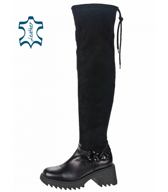 Black high elastic leather boots with decoration DCI2346
