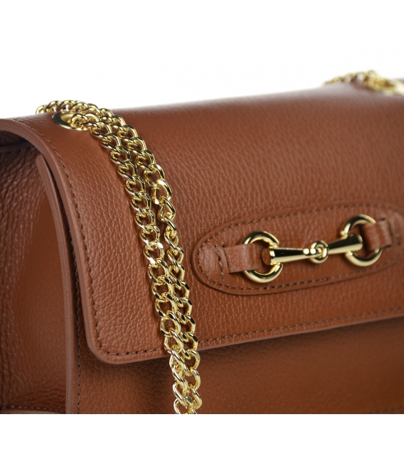 Leather brown crossbody handbag with a chain and gold ornament Edita