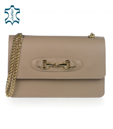 Leather beige crossbody handbag with a chain and gold ornament Edita