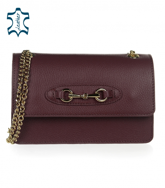 Leather burgundy crossbody handbag with chain and gold decoration Edita