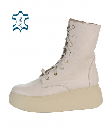 Beige leather ankle boots with pearl decoration DCI2421