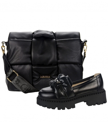 Discounted set of black leather ankle boots with gathered decoration - 3638 + Juliette handbag