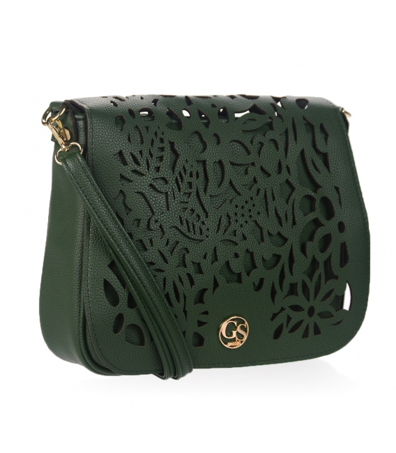 Green crossbody handbag with lasered patterns on the EMMA flap