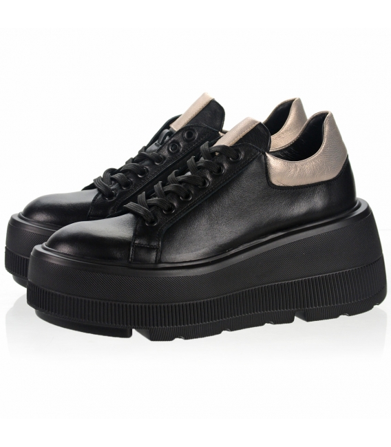  Black leather sneakers with a gold heel on a black sole DTE N1016
