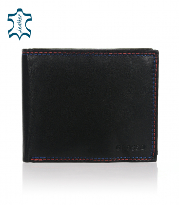Men's black leather wallet with blue-red stitching GROSSO 01