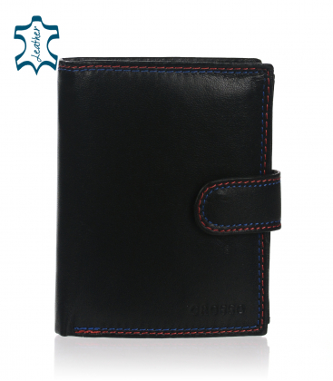 Men's black leather wallet with blue-red stitching GROSSO 02