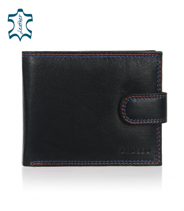 Men's black leather wallet with blue-red stitching GROSSO 03