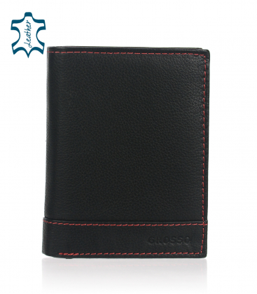 Men's black leather wallet with red stitching GROSSO 001
