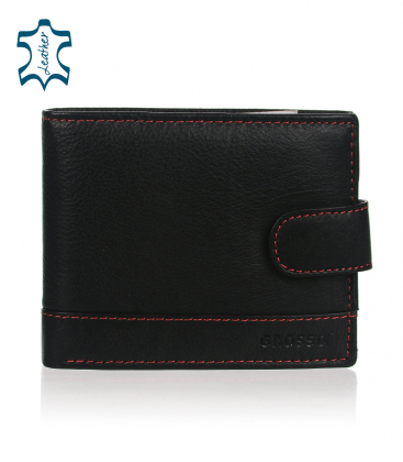 Men's black leather wallet with red stitching GROSSO 002