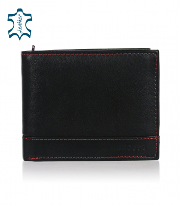 Men's black leather wallet with red stitching GROSSO 003
