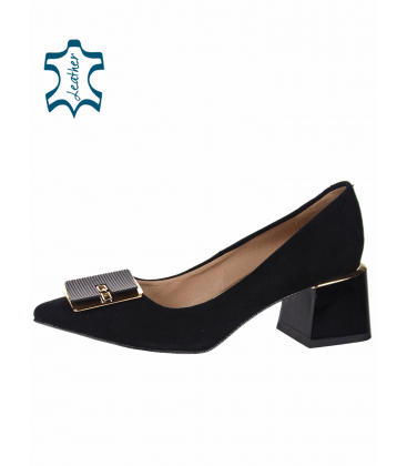 Black leather pumps on a comfortable heel with decoration 2114
